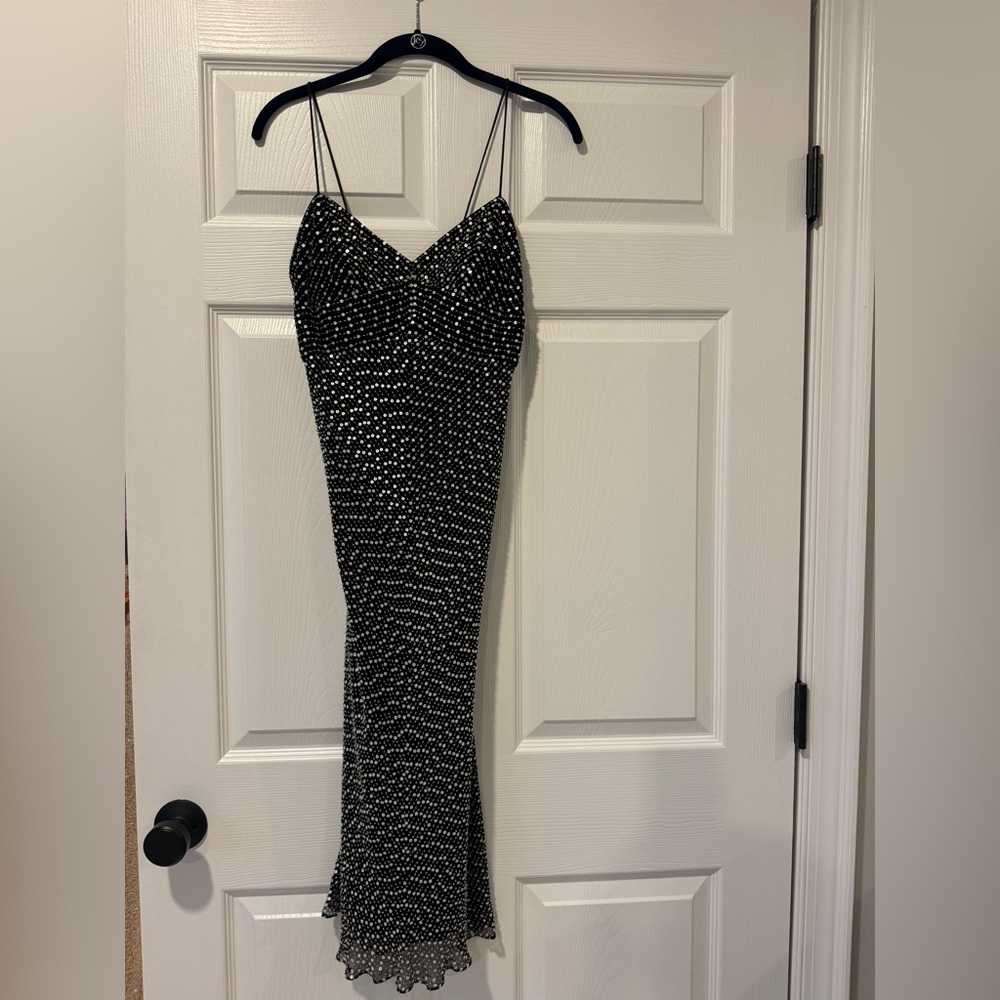 White House Black Market Black and White Silk Beaded Midi Dress